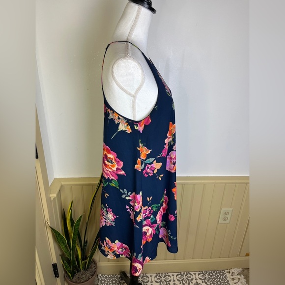 Everly Anthropologie Halter Dress M Navy Floral Fall Layering Boho Wedding Guest - Picture 3 of 10